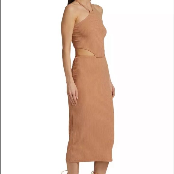 LNA Emmy Tan Camel Ribbed Cut Out Midi Dress - Picture 1 of 6